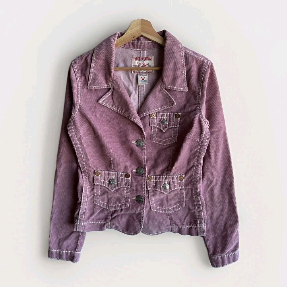 True Religion Womens Large Jacket Jackie Big T Pink Corduroy Y2K Western Country